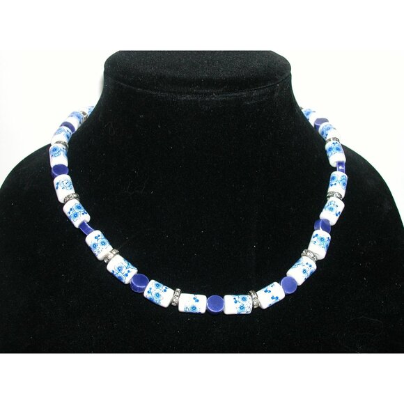 Vintage Blue & White Ceramic Beaded Delft Necklace With Rhinestone Accents - Picture 1 of 6